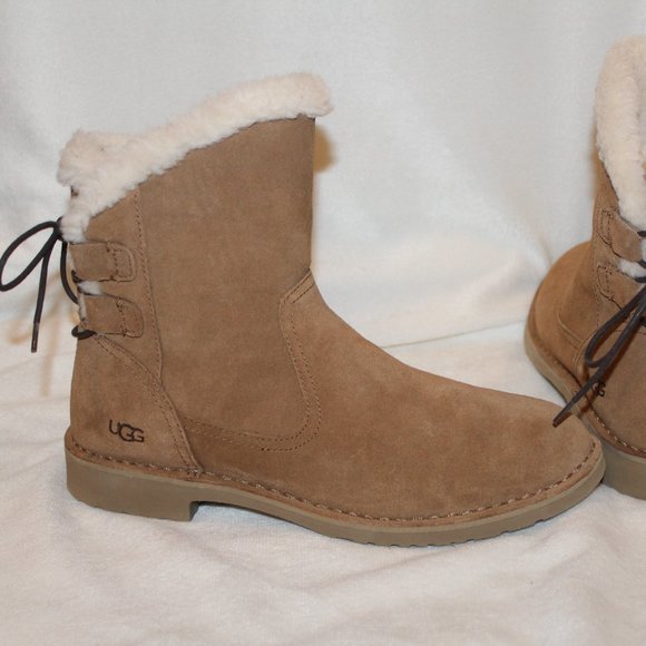 NEW UGG NAIYAH LACE UP SUEDE‎ SHEARLING LINED ANKLE BOOTIES CHESTNUT - Picture 3 of 8